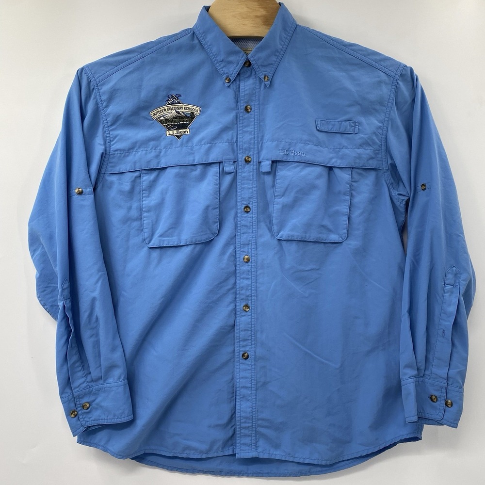 L.L. Bean Men Large Solid Blue Vented Roll Tab Sleeves Button Down Fishing Shirt - Picture 2 of 5